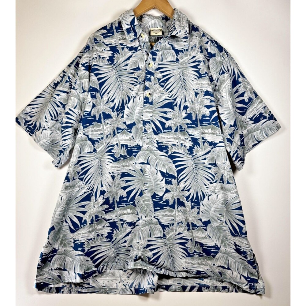 Go Barefoot Shirt Mens 2XL Blue Gray Popover Hawaiian Aloha Tropical Palm Tree‎